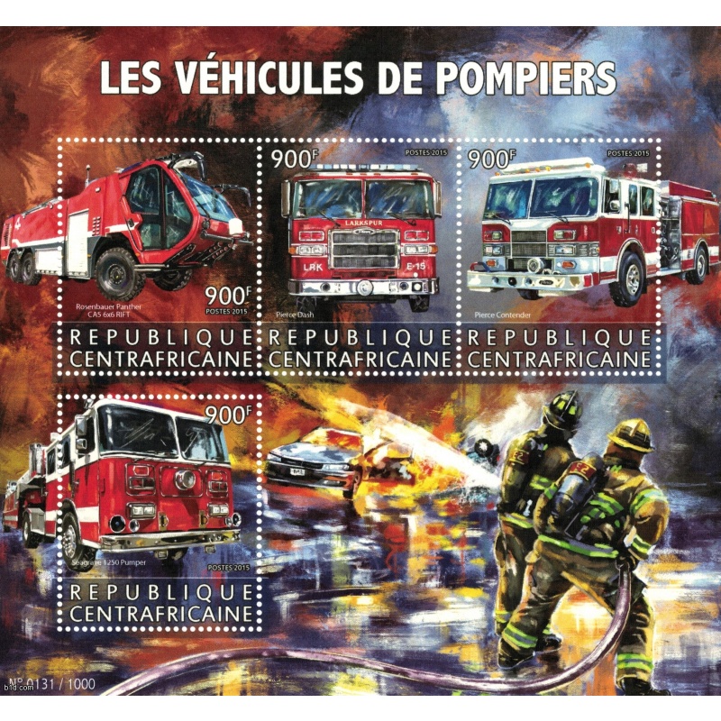 CENTRAL AFRICA 2015 - Fire trucks / complete set (sheet + block) MNH