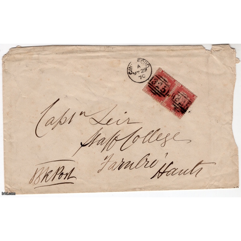 1870 Penny red plate 139 pair CJCK cover to Farnborough Hantshire