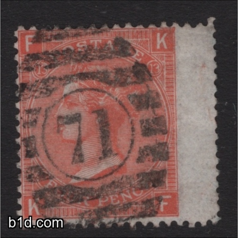 1872 Four Pence Deep Vermilion lettered KF SG 95 Plate 13 wing margin example