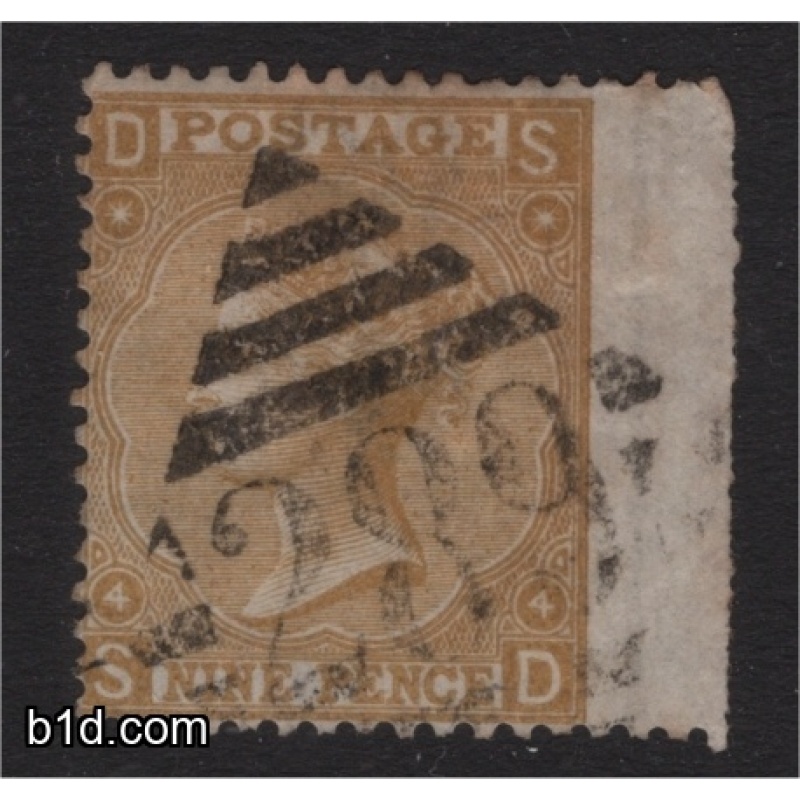 1865 Nine Pence Buff lettered SD SG 98 Plate 4 wing margin example
