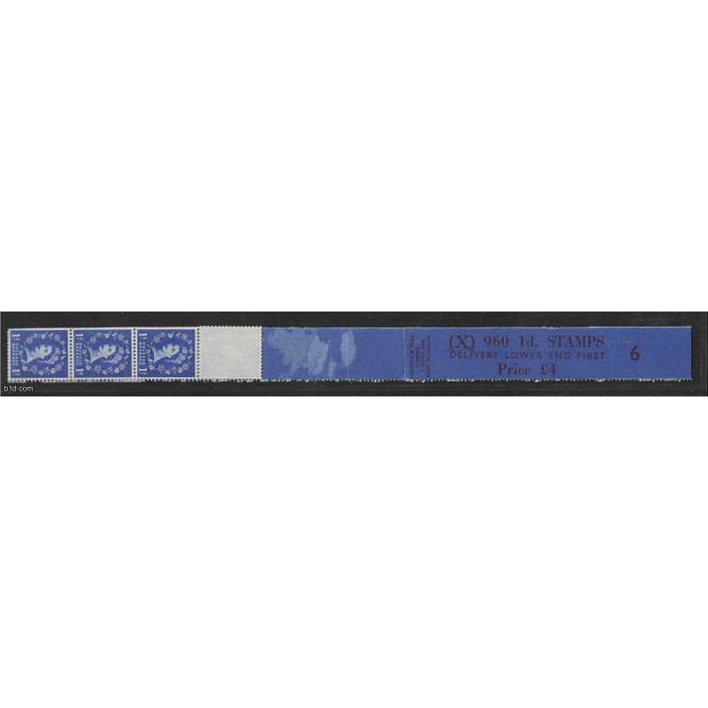 QEII 1d M Cr cream  (X) Coil Leader Roll  with 6 stamps Red print