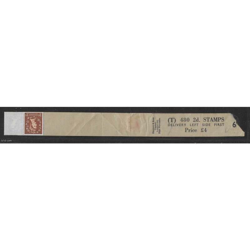 Wilding (T) Coil Leader Roll 6  2d Light Red Brown S 41a M Cr  4 stamps swys wmk