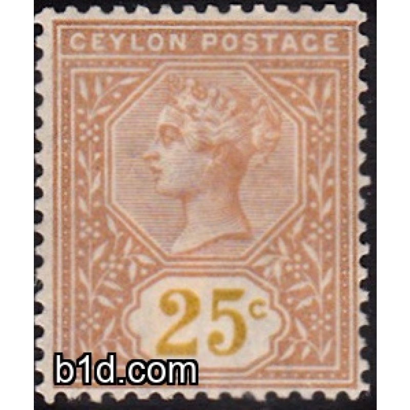 SG198A CEYLON 1886 25C YELLOW-BROWN VALUE IN YELLOW (LISTED VARIETY)