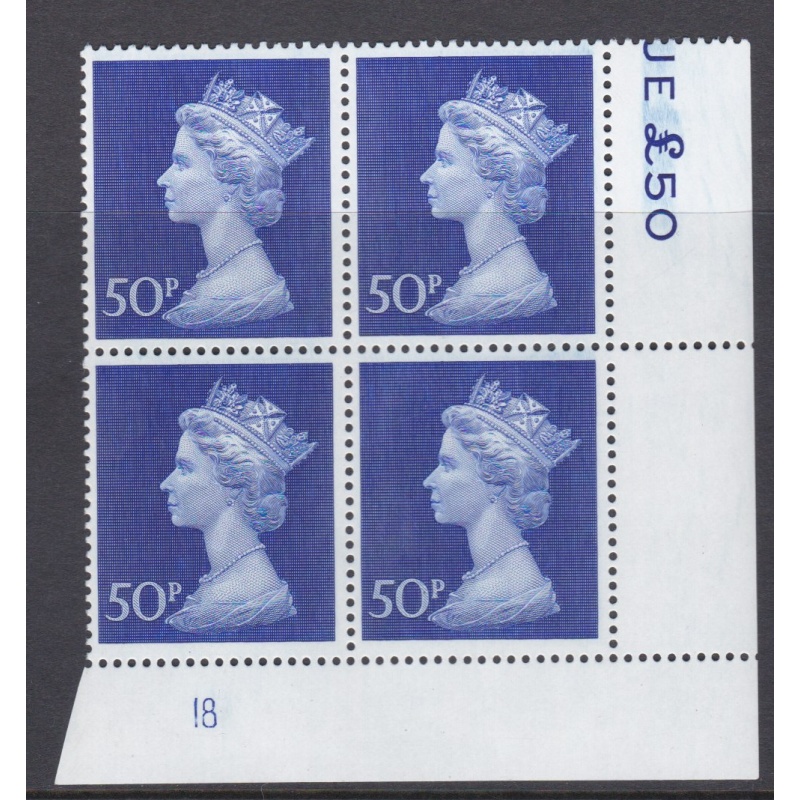 1970 50p Post office phosphorised paper Decimal Machin Cylinder 18 U M