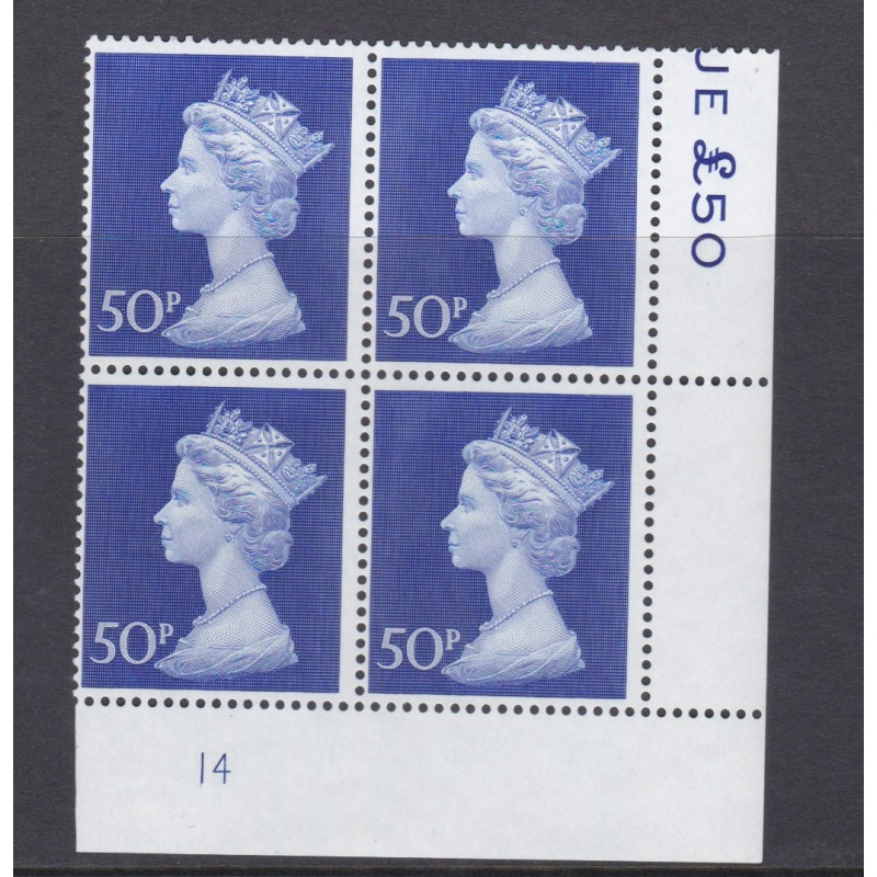 1970 50p Post office phosphorised paper Decimal Machin Cylinder 14 U M
