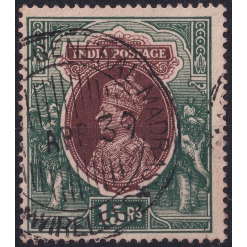 India 1937 KGVI 15r Brown & Green with Wireless Cancel FU