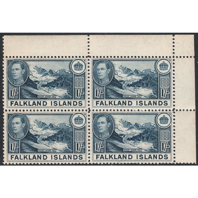Falkland Islands 1938 KGVI 1/- Greenish Blue Corner Marginal Block of 4 MUH