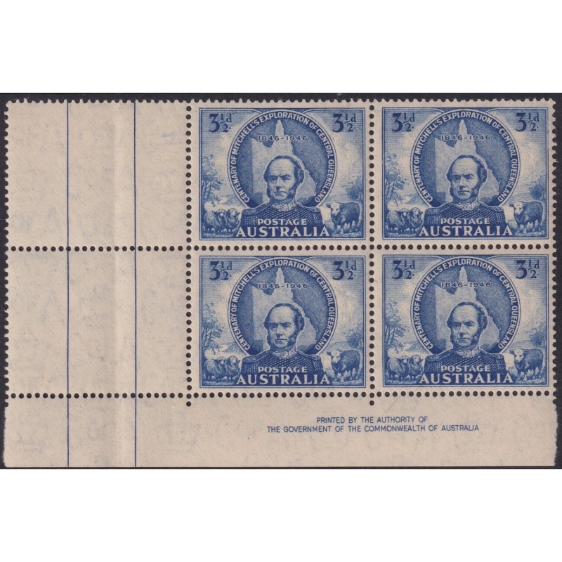 Australia 1946 KGVI 3½d Mitchell Imprint Block of 4 with Cross over A MUH