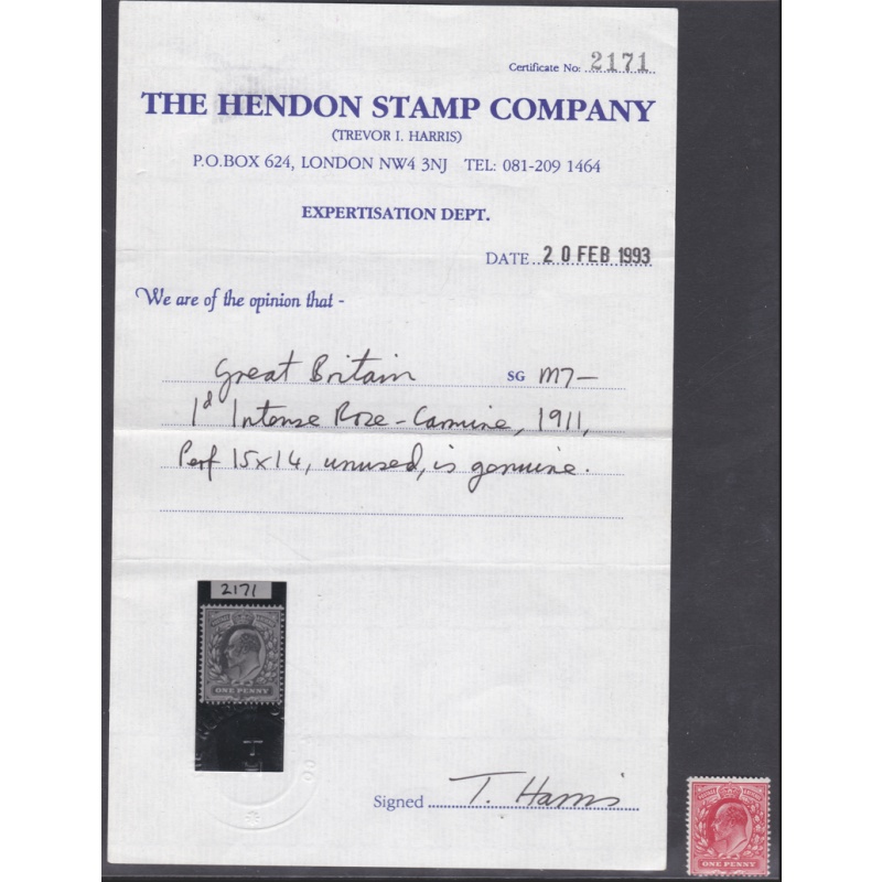 M7(-) 1d Intense Carmine Harrison perf 15x14 With Hendon Cert UNMOUNTED MINT