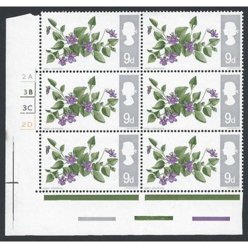 1967 Wild Flowers 9d (Ord) Listed Flaw - Notch in Leaf Cyl Block UNMOUNTED MINT