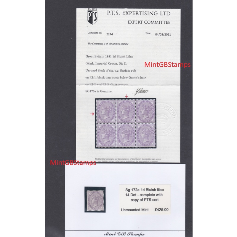 Sg 172a 1d Bluish Lilac 14 Dot with copy PTS cert - UNMOUNTED MINT