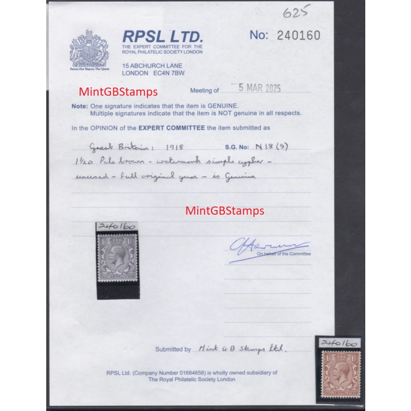 N18(9) 1d Pale Brown single Royal Cypher w  RPS cert U M (240160)