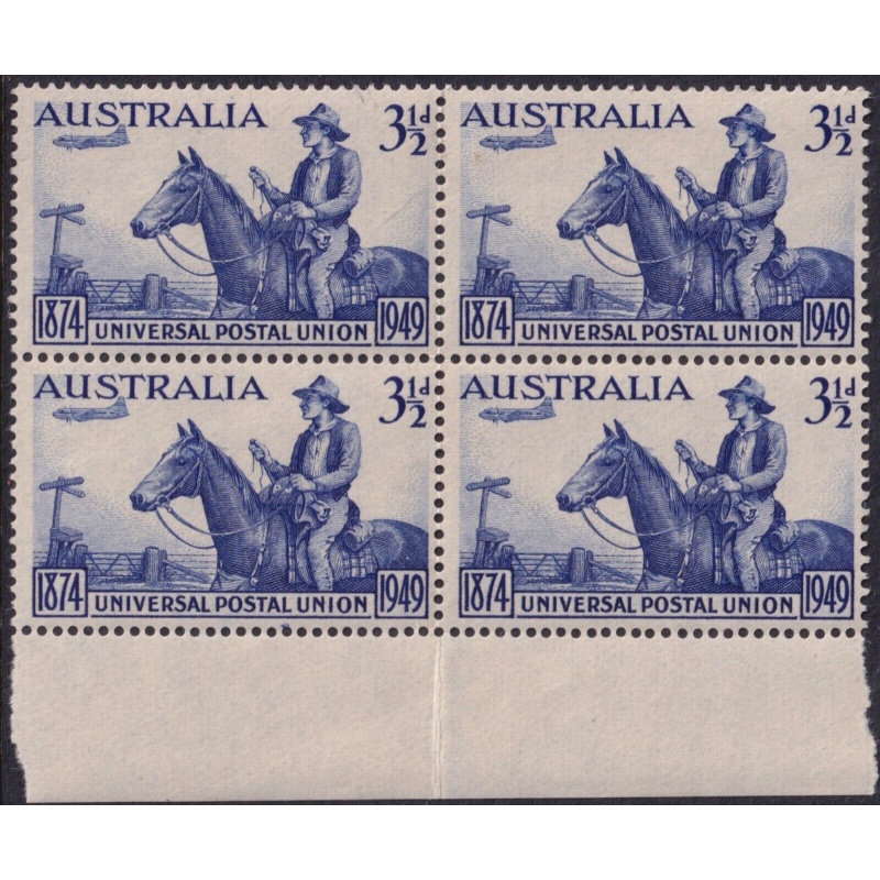 Australia 1949 KGVI 3½d UPU Block of 4 with Variety