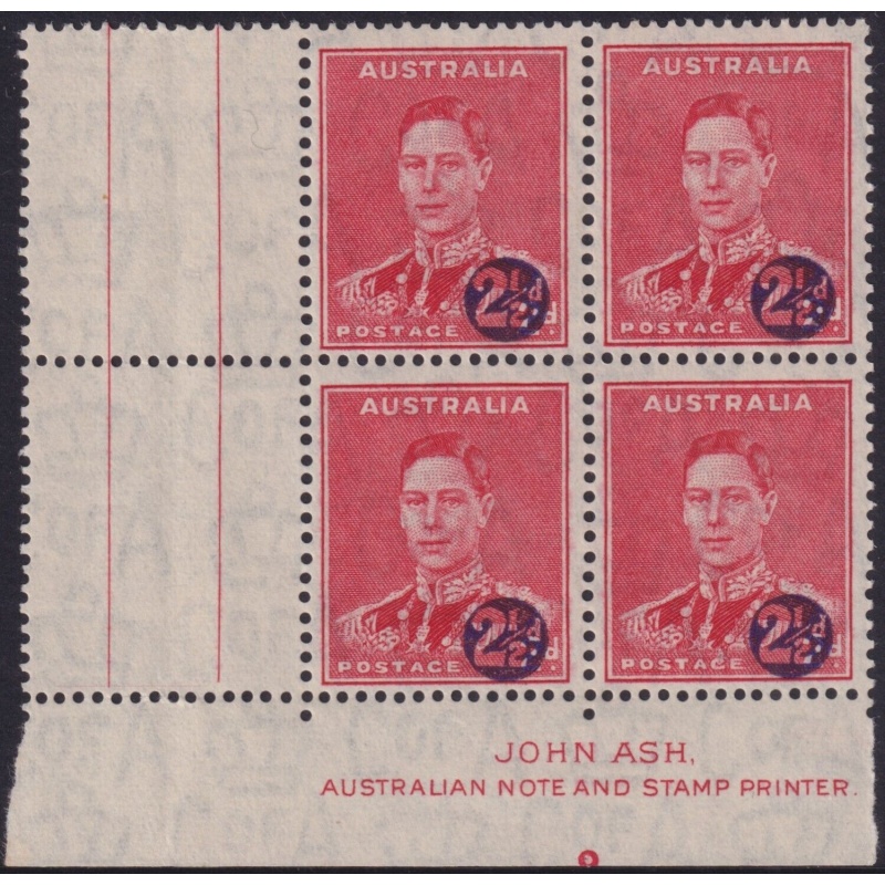 Australia 1941 KGVI 2½d Surcharge Imprint Block of 4 with Perf Pip MUH