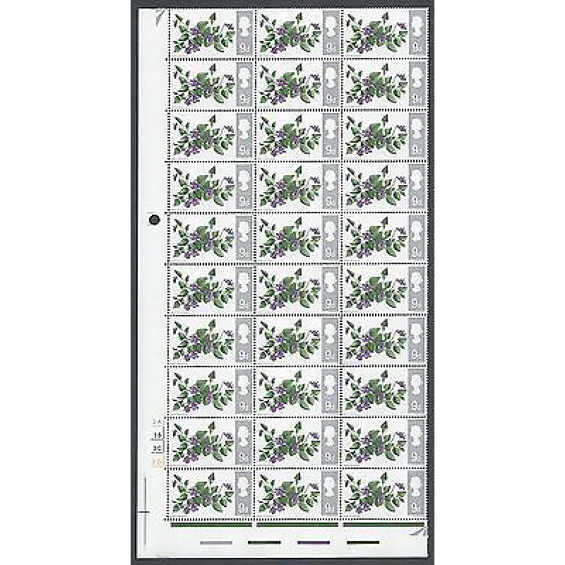 1967 Flowers 9d Phos Cylinder Quarter Sheet With Listed Flaw + - MNH