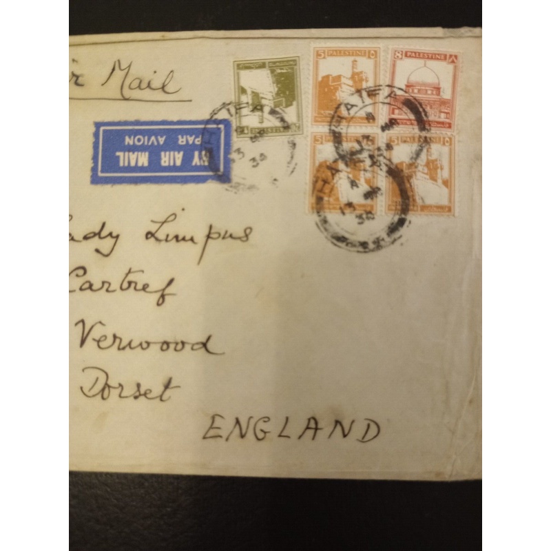 PALESTINE COVER 1934 AIRMAIL HAIFA TO ENGLAND LADY LIMPUS 43MILS POSTAGE