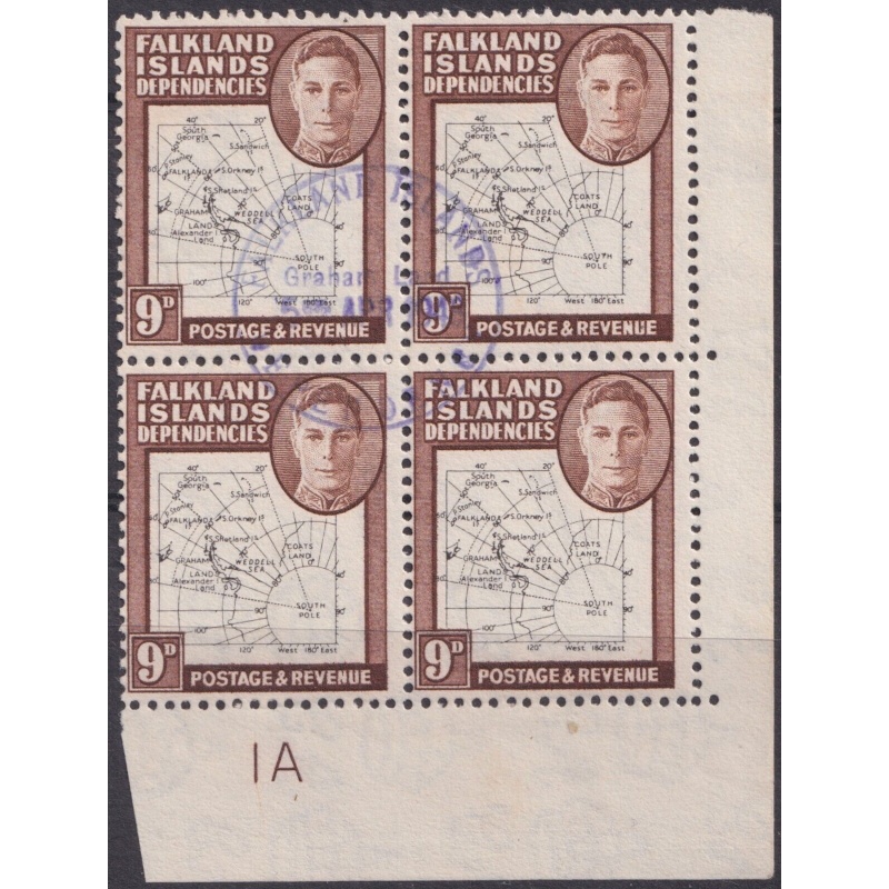 Falkland Island Deps 1948 9d Plate Block of 4 with Variety  "Dot in T" VFU