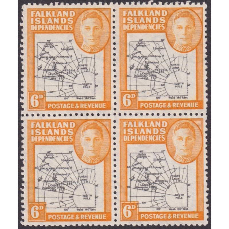 Falkland Is Deps 1946 KGVI 6d Block of 4 with Variety "Missing I" MNG