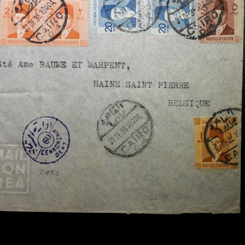 EGYPT COVER 31 DEC 1939 CAIRO TO BELGIUM 6 STAMPS CENSORED 60 OPENED BY CENSOR
