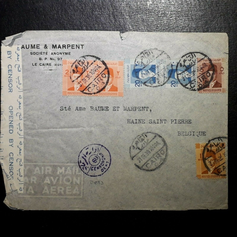 EGYPT COVER 31 DEC 1939 CAIRO TO BELGIUM 6 STAMPS CENSORED 60 OPENED BY CENSOR