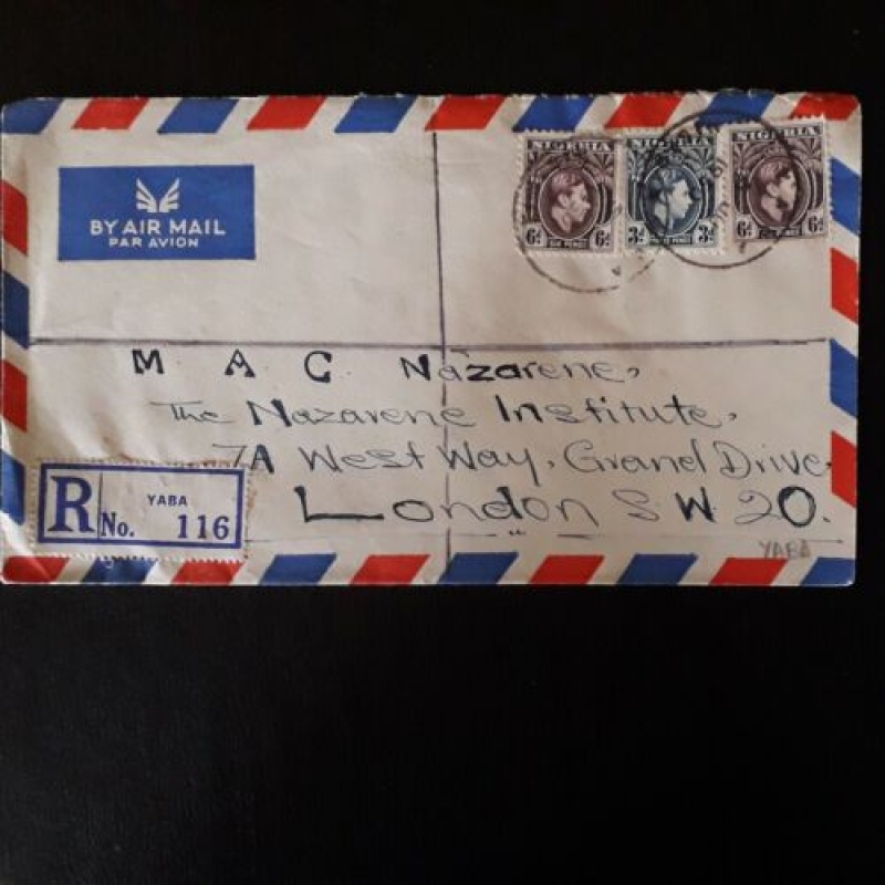 NIGERIA COVER 1950 AIRMAIL REGISTERED YABA TO LONDON
