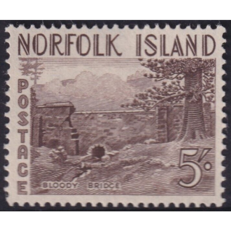Norfolk Island 1953 QEII 5/- Sepia Bloody Bridge MUH