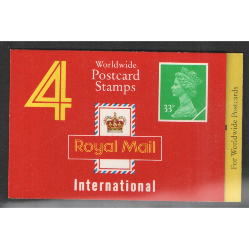 GJ1a Barcode Booklet 4 x 33p Worldwide Postcard stamps - Cylinder W1W1W1