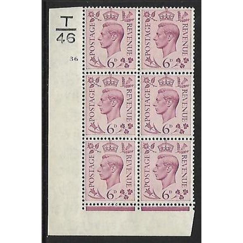 1939 6d Purple Dark colours T46 36 No Dot perf 2(I E) block 6 UNMOUNTED MINT