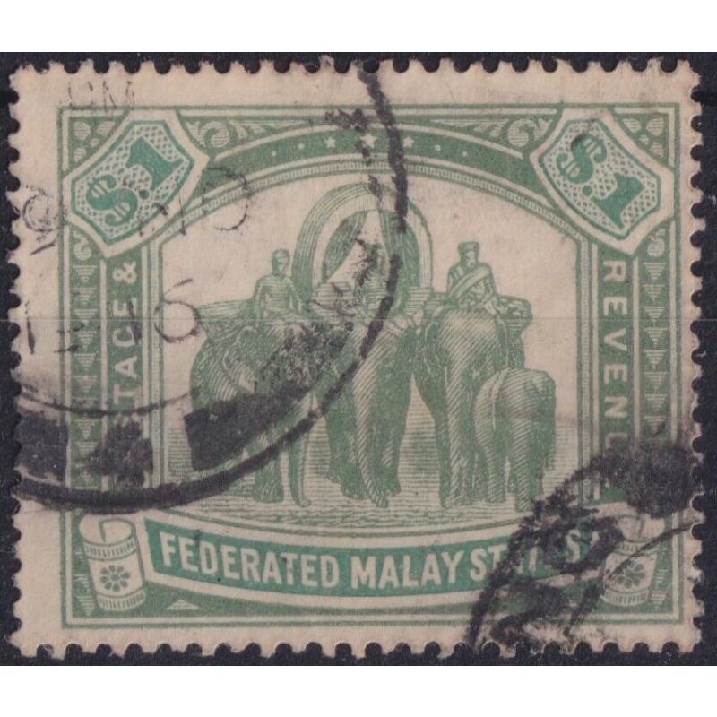Federated Malay States 1907 KEVII $1 Elephants Grey-Green & Green Used