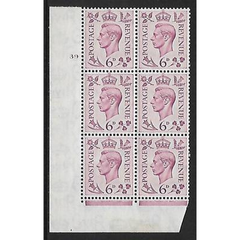 1939 6d Purple Dark colours 39 No Dot perf 2(I E) block 6 UNMOUNTED MINT MNH