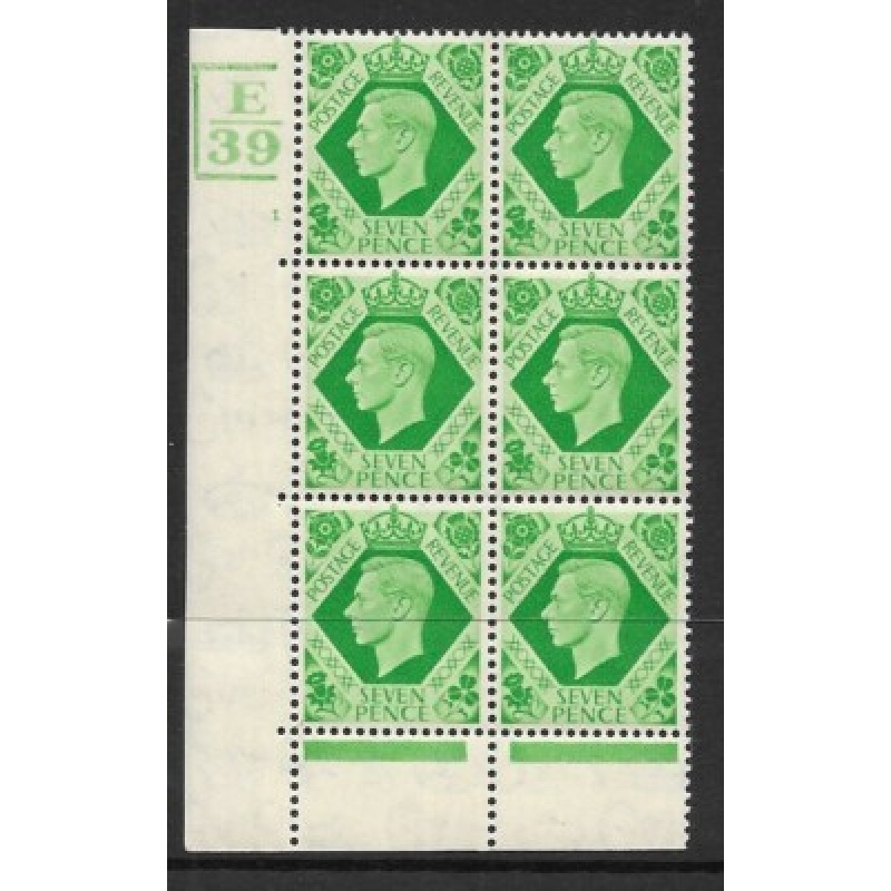 1939 7d Dark colours E39 1 No Dot 3 Bar perf 6B(E P) block 6 UNMOUNTED MINT