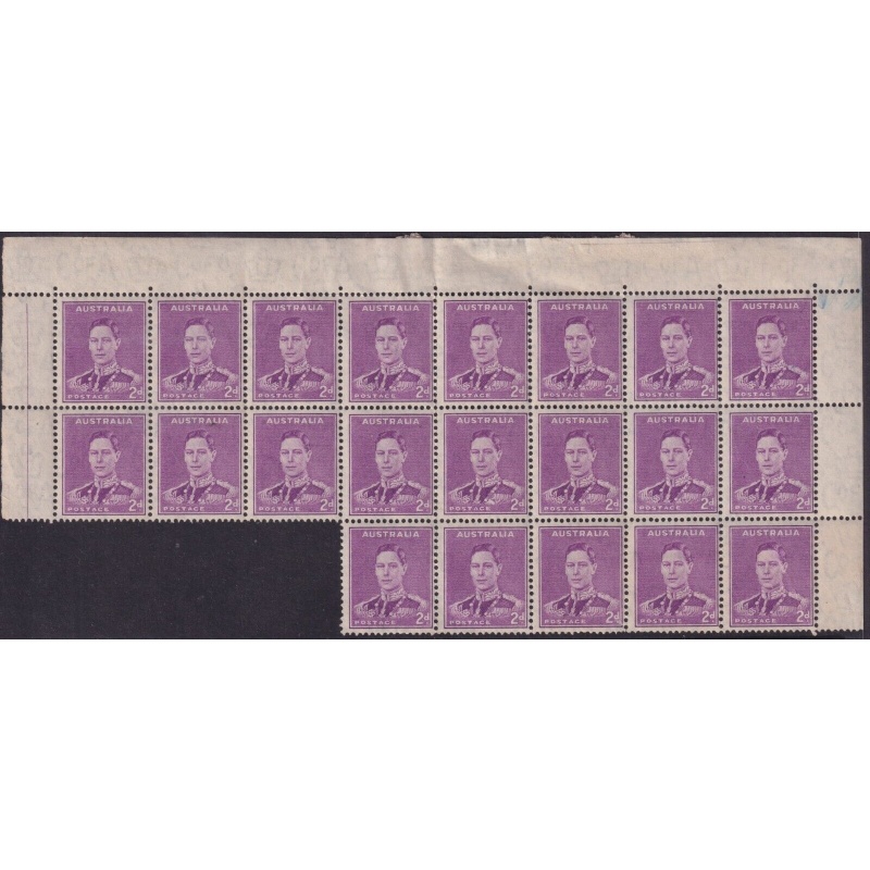 Australia 1942 KGVI 2d Bright Purple Block of 21 with Medal Flaw Variety MUH