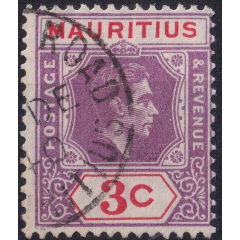 Mauritius 1938 KGVI 3c Reddish-Purple & Scarlet Sliced S Variety FU - See Notes