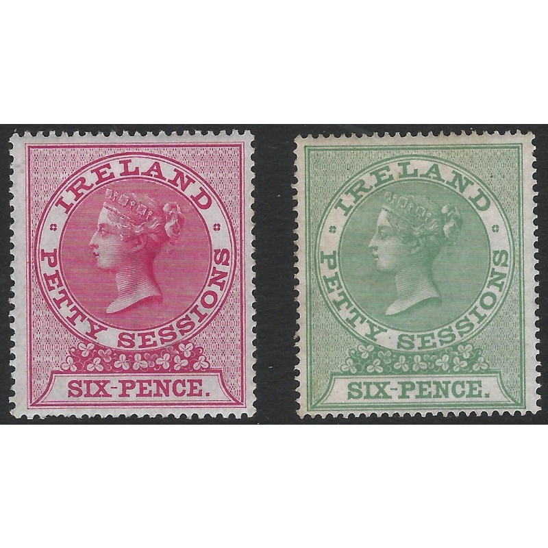 GB IRELAND QV- 6d Carmine-Rose PETTY SESSIONS Revenue Stamps Pair Mint