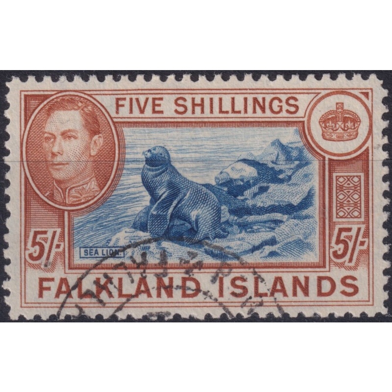 Falkland Islands 1944 5/- Dull Deep Blue & Dark Yellow-Brown Sea Lion VFU