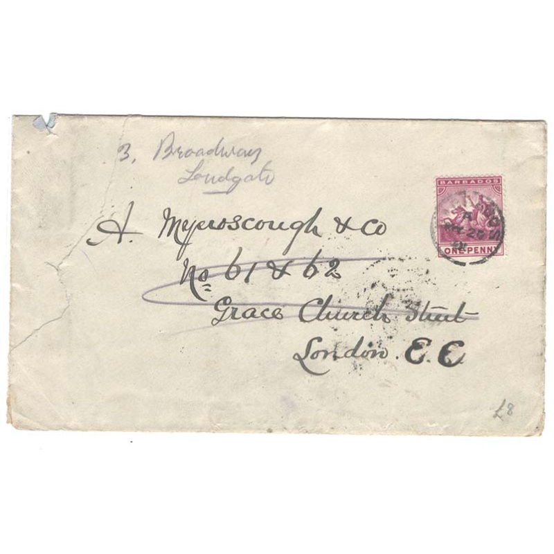 Barbados 1901 1d on cover to London, a bit roughly opened but looks neat