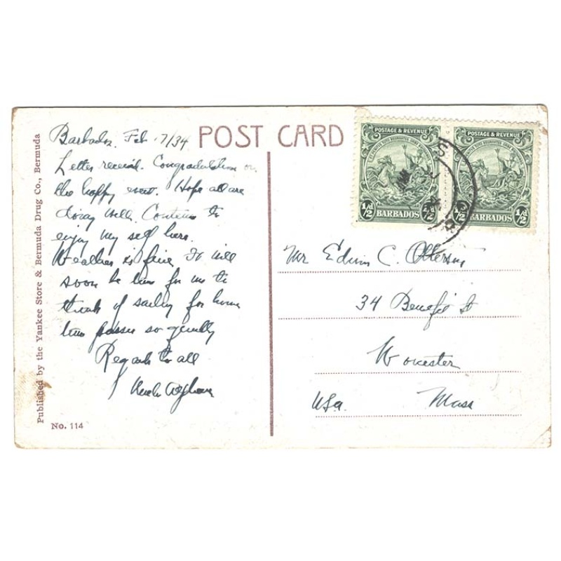 Barbados 1934 PPC of Tin Can Alley, Bermuda to USA franked 2x ½d