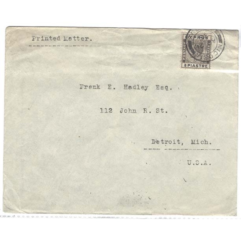 Cyprus 1926 ¾pi fine used, Nicosia cds on printed matter rate cover to Detroit