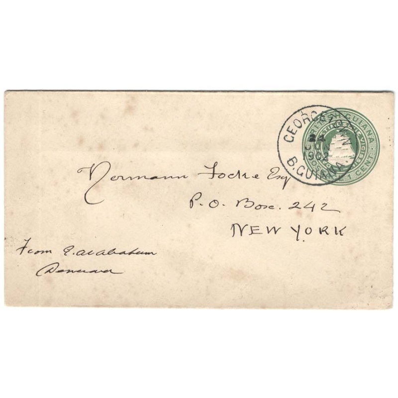 British Guiana 1902 1c green/cream postal stationery cover fine used to New Yo