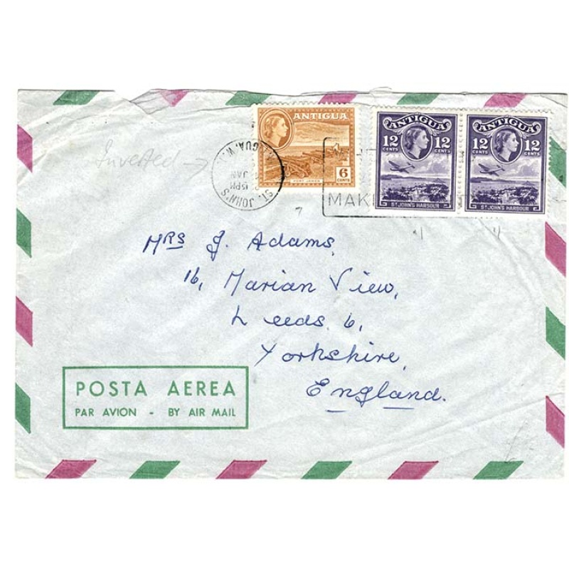 Antigua 1960 Airmail cover to UK, St Johns Slogan cancel, cds part of cancel i