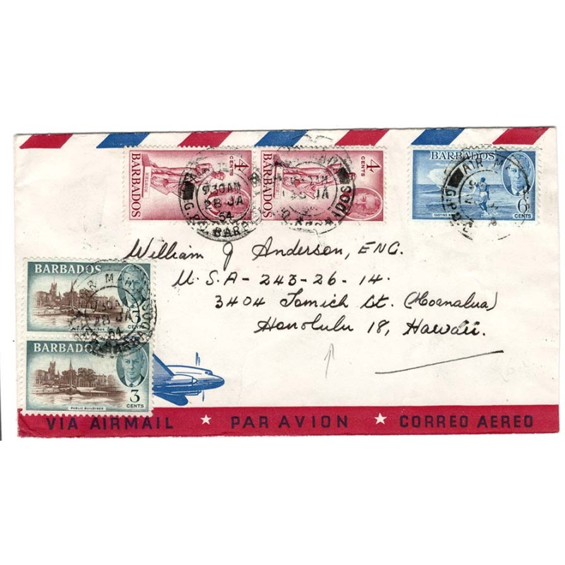 Barbados 1954 Near Airmail cover to Hawaii franked 20c in 5 KG5 pictorials