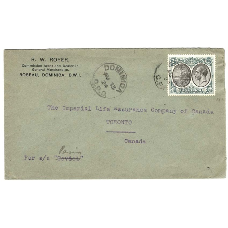 Dominica 1924 Fine cover to Toronto franked KG5 2d endorsed 'per s/s Paris'