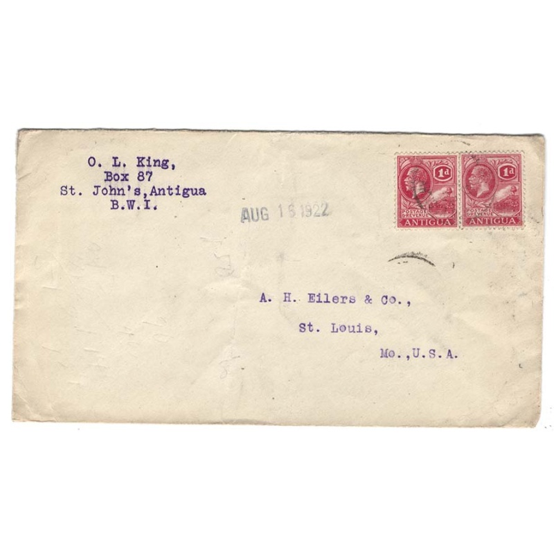 Antigua 1922 Neat cover to USA franked pair KG5 1d red