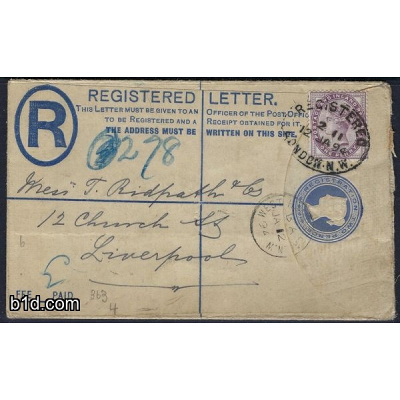 GB QV ATTRACTIVE REGISTERED EMBOSSED ENVELOPE WITH SG172 1D LILAC LONDON TO LIVERPOOL